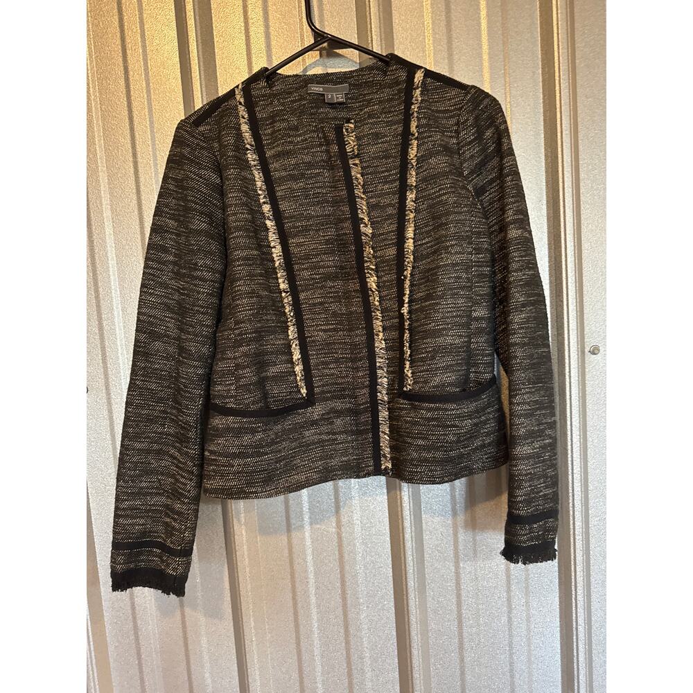 Vince Black White Tweed Zip Blazer Jacket Career Fringe Trim Womens‎ Size 2